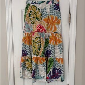 Anthropologie Maude Vivante Ada Tropical Palm Bright Floral Tiered Midi Skirt